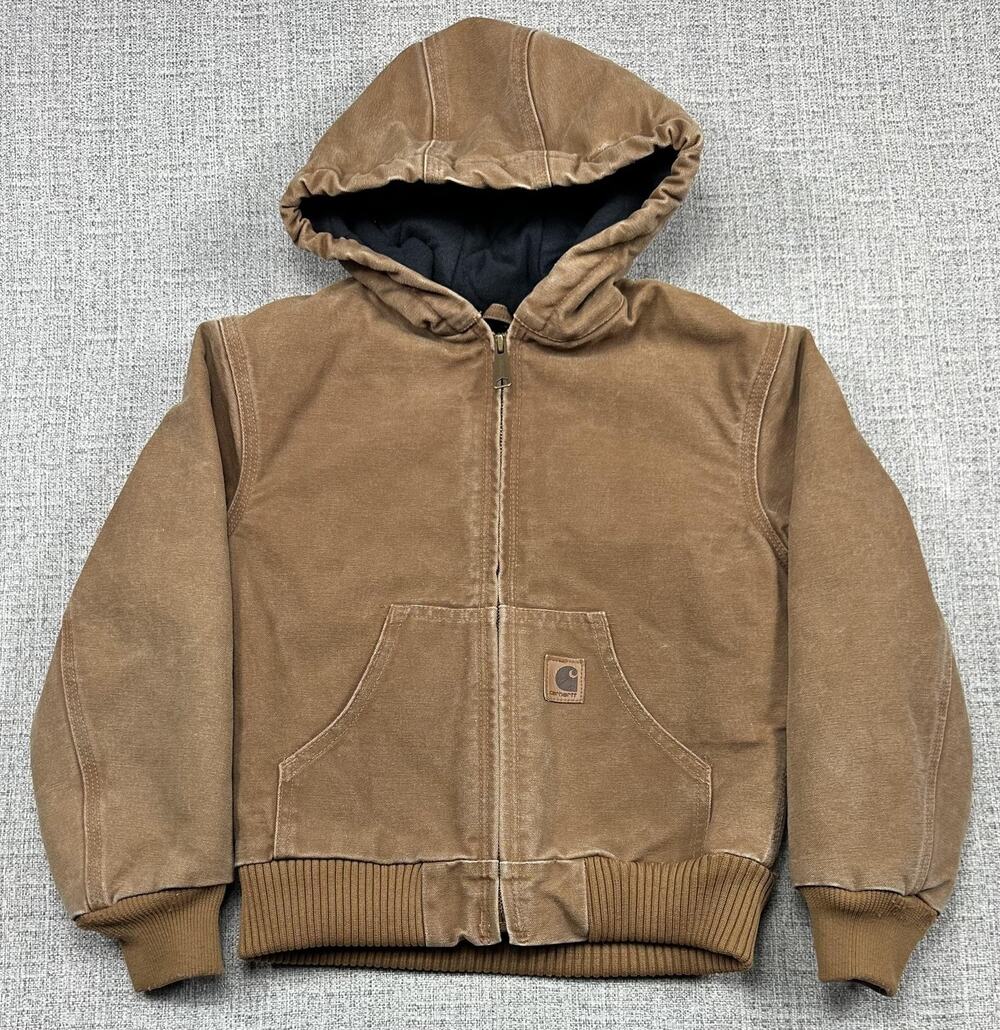 Carhartt Jacket Kids 8 J130 BRN Hooded Quilted Canvas Insulated Full Zip